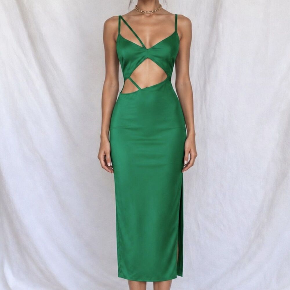 Zara Green Satin Cutout Strappy Side Slit Midi Bodycon Dress Size XS